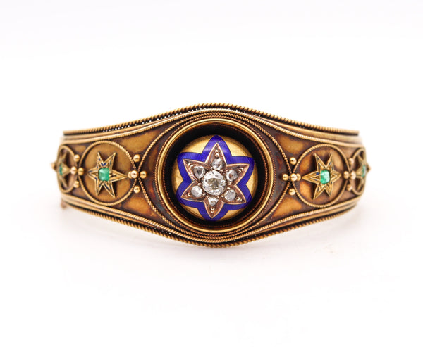-Victorian 1870 Etruscan Revival Enamel Star Bracelet In 15Kt Gold With Diamonds And Emeralds