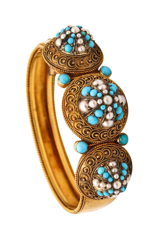 -Victorian 1880 Etruscan Revival Bracelet In 15Kt Gold With Turquoises And Pearls