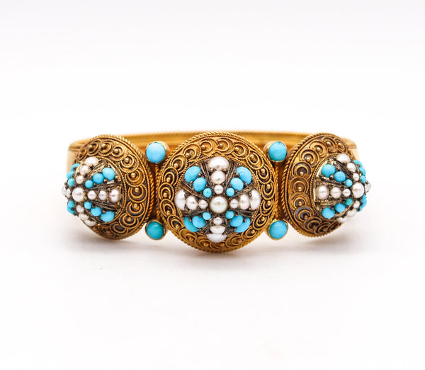 -Victorian 1880 Etruscan Revival Bracelet In 15Kt Gold With Turquoises And Pearls