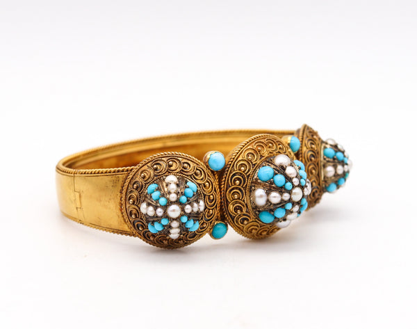 -Victorian 1880 Etruscan Revival Bracelet In 15Kt Gold With Turquoises And Pearls