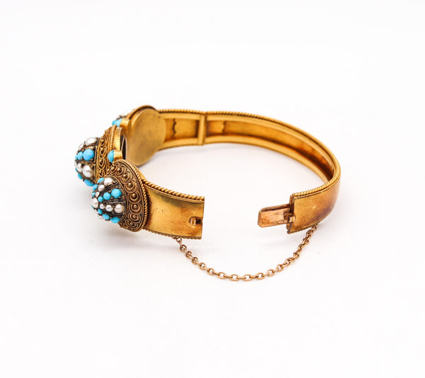 -Victorian 1880 Etruscan Revival Bracelet In 15Kt Gold With Turquoises And Pearls