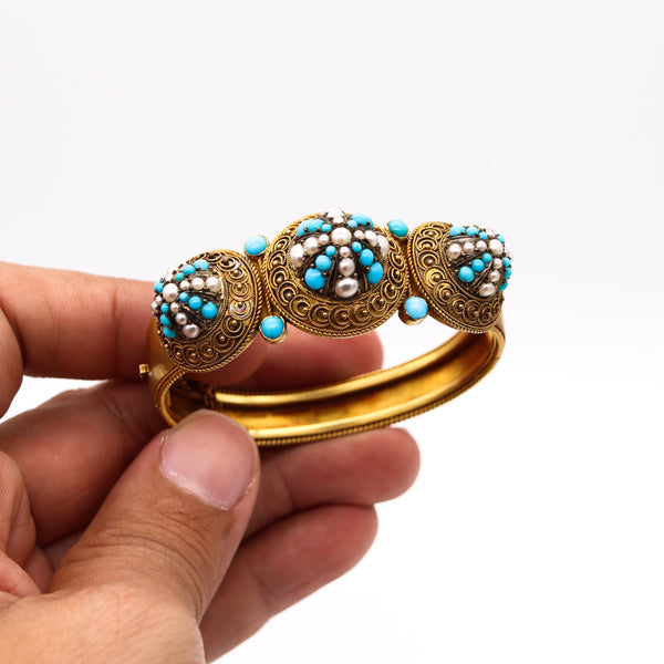 -Victorian 1880 Etruscan Revival Bracelet In 15Kt Gold With Turquoises And Pearls