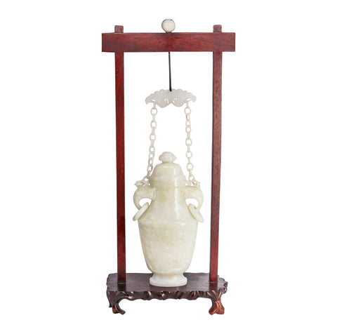 +China Qing Dynasty 1890 Amphora Jar With Chains In White Jadeite Jade With Wood Stand