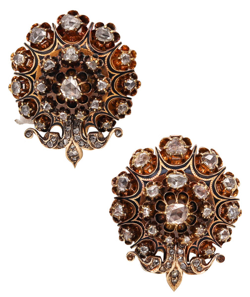 -Georgian 1785 Antique Earrings In 15Kt Gold And Enamel With 5.64 Ctw In Diamonds