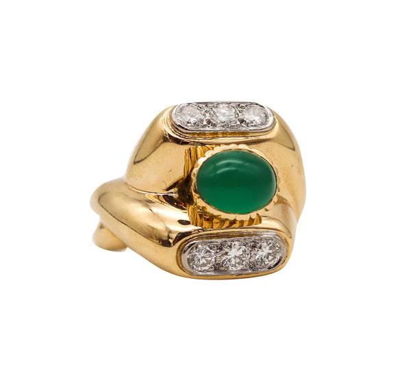 Van Cleef And Arpels 1960 Paris Geometric Ring In 18Kt Gold With 2.68 Ctw Diamonds And Chrysoprase