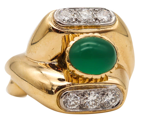 Van Cleef And Arpels 1960 Paris Geometric Ring In 18Kt Gold With 2.68 Ctw Diamonds And Chrysoprase