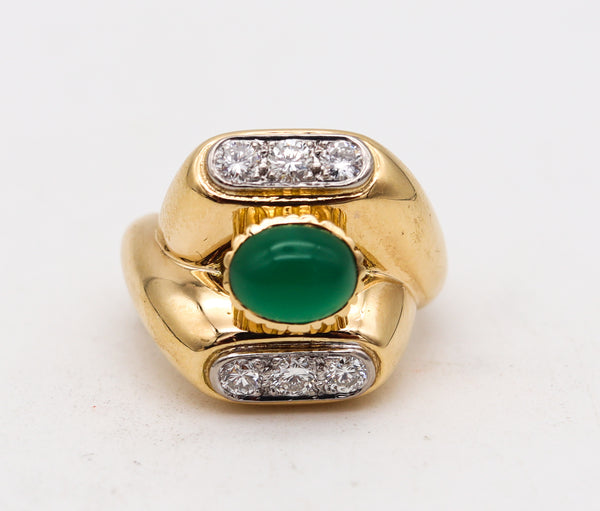 Van Cleef And Arpels 1960 Paris Geometric Ring In 18Kt Gold With 2.68 Ctw Diamonds And Chrysoprase