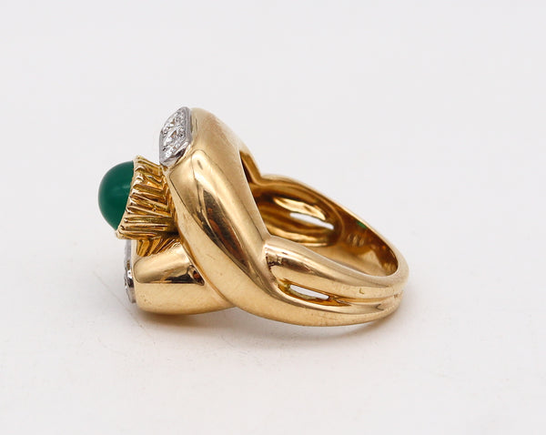 Van Cleef And Arpels 1960 Paris Geometric Ring In 18Kt Gold With 2.68 Ctw Diamonds And Chrysoprase