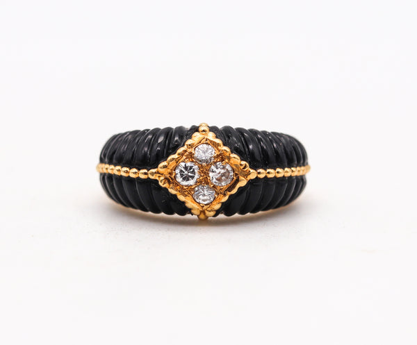 VAN CLEEF & ARPELS 1970 Paris Fluted Onyx Ring In 18Kt Yellow Gold With Diamonds