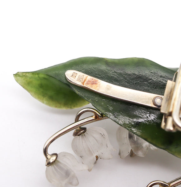Anton Janda Austrian 1950 Brooch Earring Set In 18Kt Gold With Diamonds Nephrite And Rock Quartz