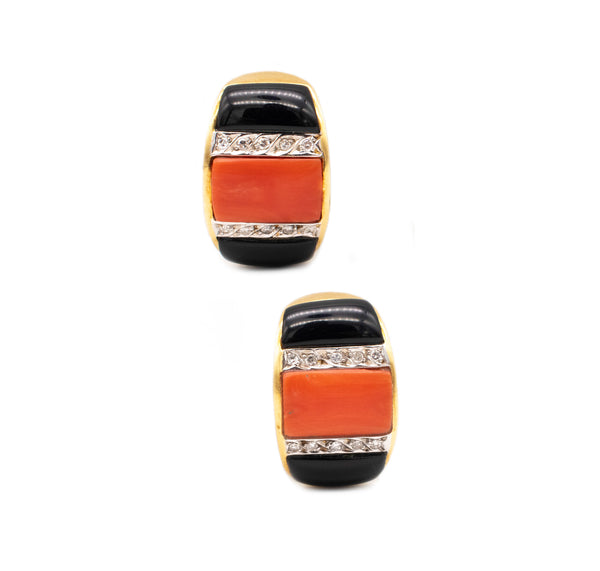 Italian Modernist Art Deco Pair Of Clips Earrings In 18Kt Gold With Diamonds, Coral And Onyx