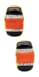 Italian Modernist Art Deco Pair Of Clips Earrings In 18Kt Gold With Diamonds, Coral And Onyx