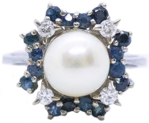 SAPPHIRE WITH DIAMONDS AND PEARL 18 KT RING