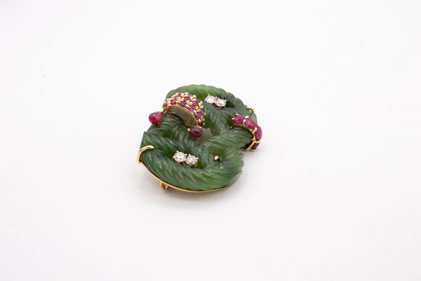 Seaman Schepps 1950 Brooch In 14Kt With Nephrite And 4.20 Ctw In Diamonds And Rubies