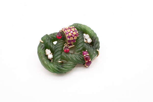 Seaman Schepps 1950 Brooch In 14Kt With Nephrite And 4.20 Ctw In Diamonds And Rubies
