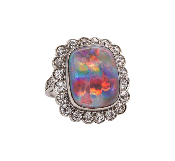 Art Deco 1930 Cocktail Ring In Platinum With 6.12 Cts Autralian Opal And Diamonds