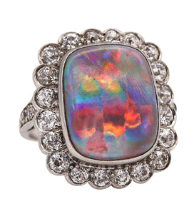 Art Deco 1930 Cocktail Ring In Platinum With 6.12 Cts Autralian Opal And Diamonds