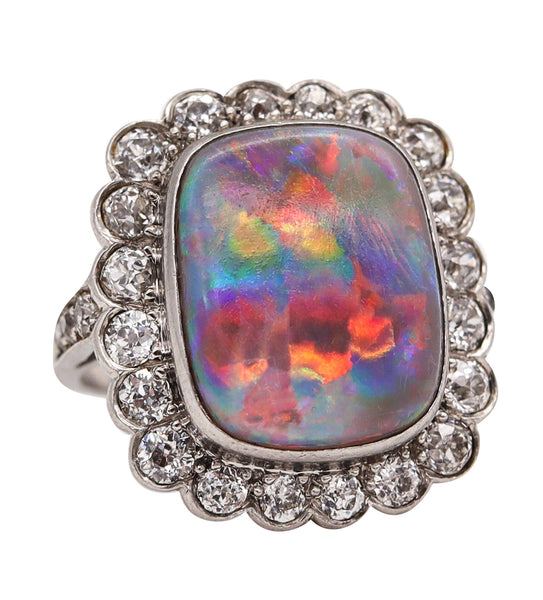 Art Deco 1930 Cocktail Ring In Platinum With 6.12 Cts Autralian Opal And Diamonds