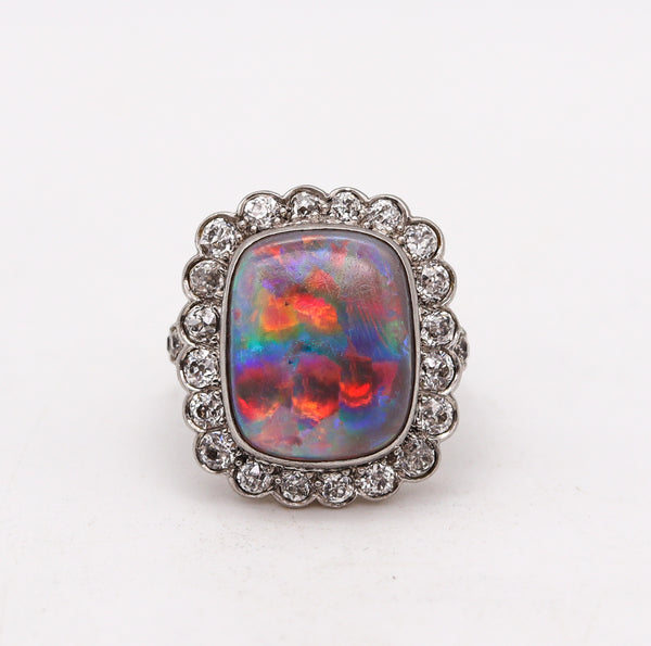 Art Deco 1930 Cocktail Ring In Platinum With 6.12 Cts Autralian Opal And Diamonds