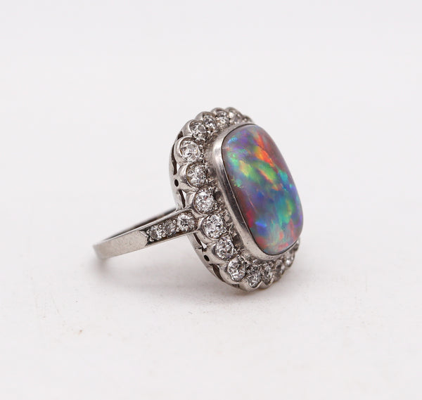 Art Deco 1930 Cocktail Ring In Platinum With 6.12 Cts Autralian Opal And Diamonds