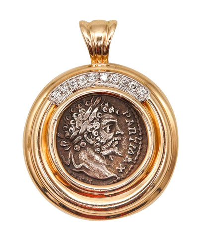 Ancient Roman 193-211 AD Denarius Coin Pendant In 18Kt Yellow Gold With Diamonds