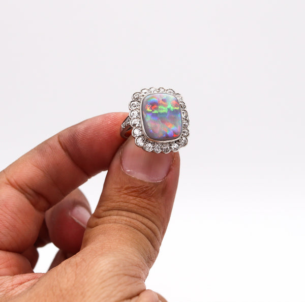 Art Deco 1930 Cocktail Ring In Platinum With 6.12 Cts Autralian Opal And Diamonds