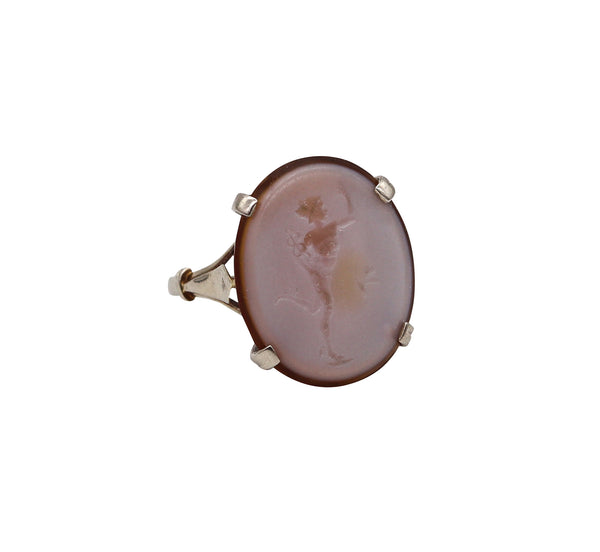 -Giovanni Luigi Pichler 1790 Rare Agate Carved Intaglio Of Mercury Mounted in 14Kt Ring