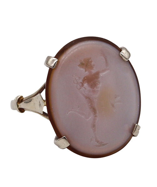 -Giovanni Luigi Pichler 1790 Rare Agate Carved Intaglio Of Mercury Mounted in 14Kt Ring