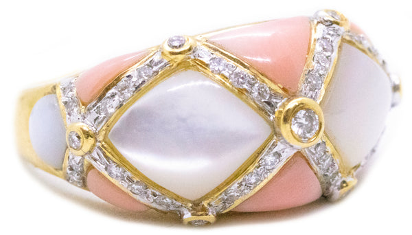 CORAL & MOTHER OF PEARLS 18 KT RING WITH DIAMONDS