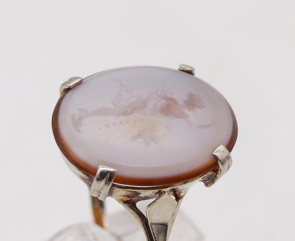 -Giovanni Luigi Pichler 1790 Rare Agate Carved Intaglio Of Mercury Mounted in 14Kt Ring