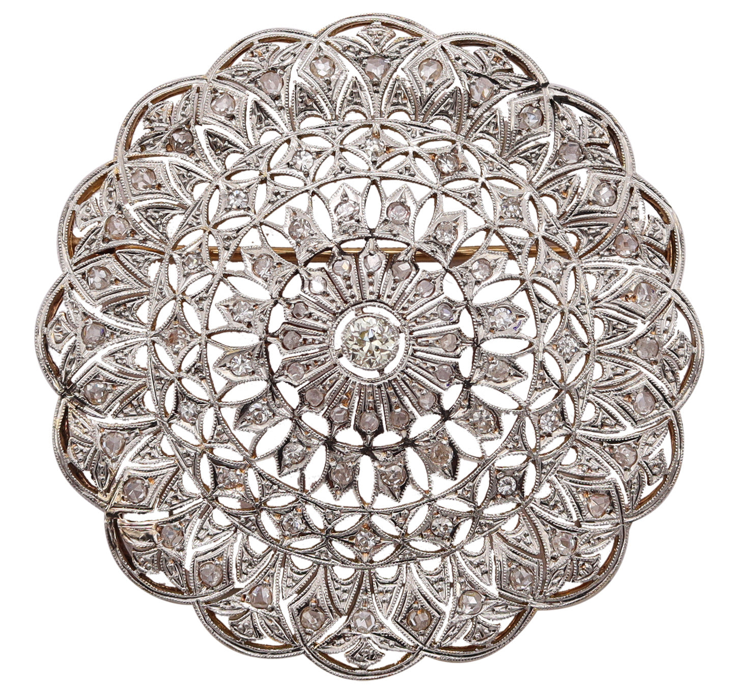 *Edwardian 1910 Rosette Pendant Brooch in 18 kt gold and Platinum with 2.10 Cts in European Diamonds