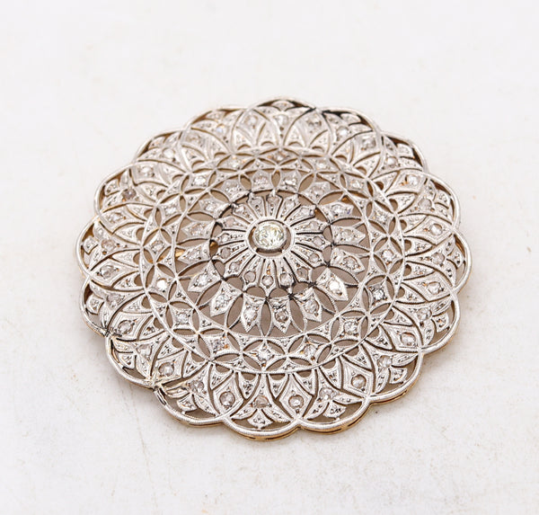 *Edwardian 1910 Rosette Pendant Brooch in 18 kt gold and Platinum with 2.10 Cts in European Diamonds