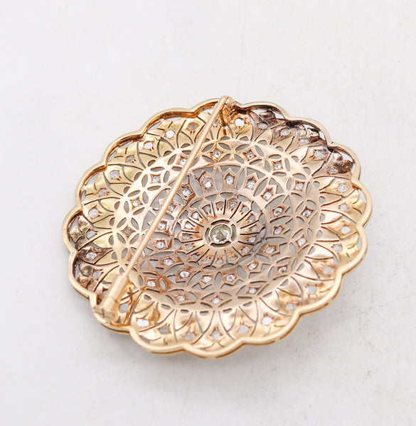 *Edwardian 1910 Rosette Pendant Brooch in 18 kt gold and Platinum with 2.10 Cts in European Diamonds