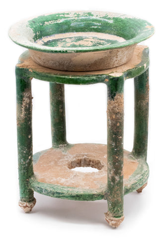 CHINA MING DYNASTY 1368-1644 AD. GREEN GLAZED EARTHENWARE WASH STAND WITH BOWL