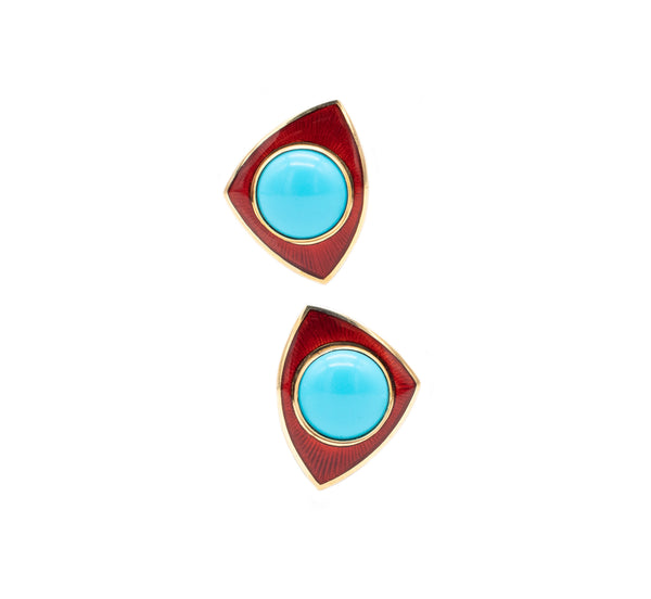 Leo De Vroomen London Enameled Clips Earrings In 18Kt Yellow Gold With 24.5 Cts In Round Turquoises