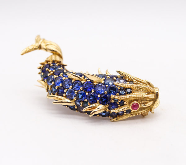 -Tiffany Co. 1968 Mythological Fish Brooch Ib 18Kt Gold With 60.05 Ctw In Sapphires And Rubies