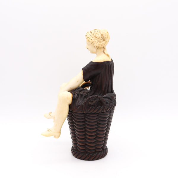 +Erotical 19th Century Sculpture Box Of A Woman Sitting On A Basket In Wood And Carving