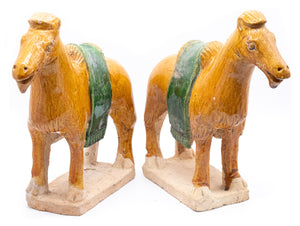CHINA MING DYNASTY 1368-1644 AD SANCAI GLAZED EARTHENWARE PAIR OF CAMELS