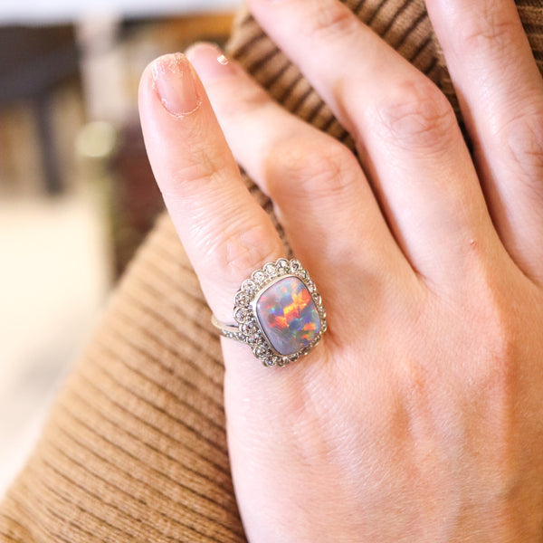 Art Deco 1930 Cocktail Ring In Platinum With 6.12 Cts Autralian Opal And Diamonds