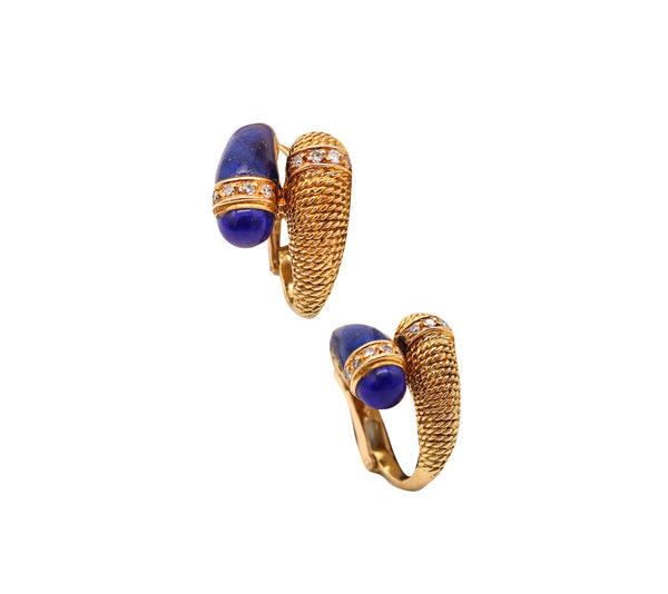 Mauboussin 1960 Paris Hoop Earrings In 18Kt Gold With Diamonds And Carved Lapis Lazuli