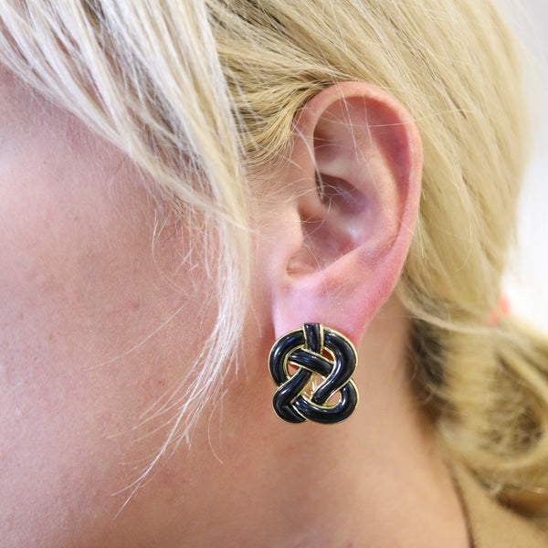 -Tiffany Co. Angela Cummings Knots Earrings in 18Kt Yellow Gold With Black Jade