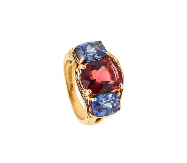 -Verdura Milan Three Gemstones Ring In 18Kt Gold With 8.94 Cts In Tanzanites & Pink Tourmaline