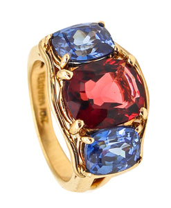 -Verdura Milan Three Gemstones Ring In 18Kt Gold With 8.94 Cts In Tanzanites & Pink Tourmaline