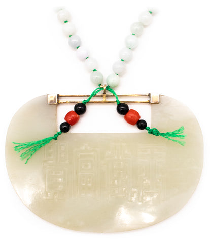 ART DECO 1930 CHINESE JADEITE NECKLACE IN 18 KT GOLD WITH CORAL & ONYX