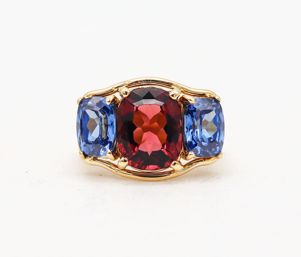 -Verdura Milan Three Gemstones Ring In 18Kt Gold With 8.94 Cts In Tanzanites & Pink Tourmaline