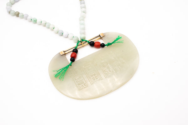 ART DECO 1930 CHINESE JADEITE NECKLACE IN 18 KT GOLD WITH CORAL & ONYX