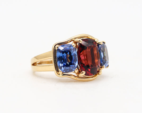 -Verdura Milan Three Gemstones Ring In 18Kt Gold With 8.94 Cts In Tanzanites & Pink Tourmaline