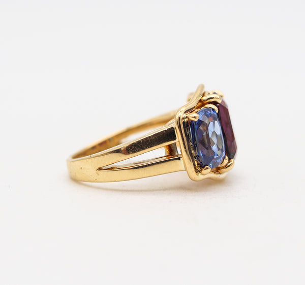 -Verdura Milan Three Gemstones Ring In 18Kt Gold With 8.94 Cts In Tanzanites & Pink Tourmaline