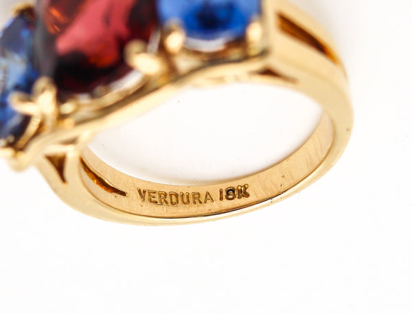 -Verdura Milan Three Gemstones Ring In 18Kt Gold With 8.94 Cts In Tanzanites & Pink Tourmaline