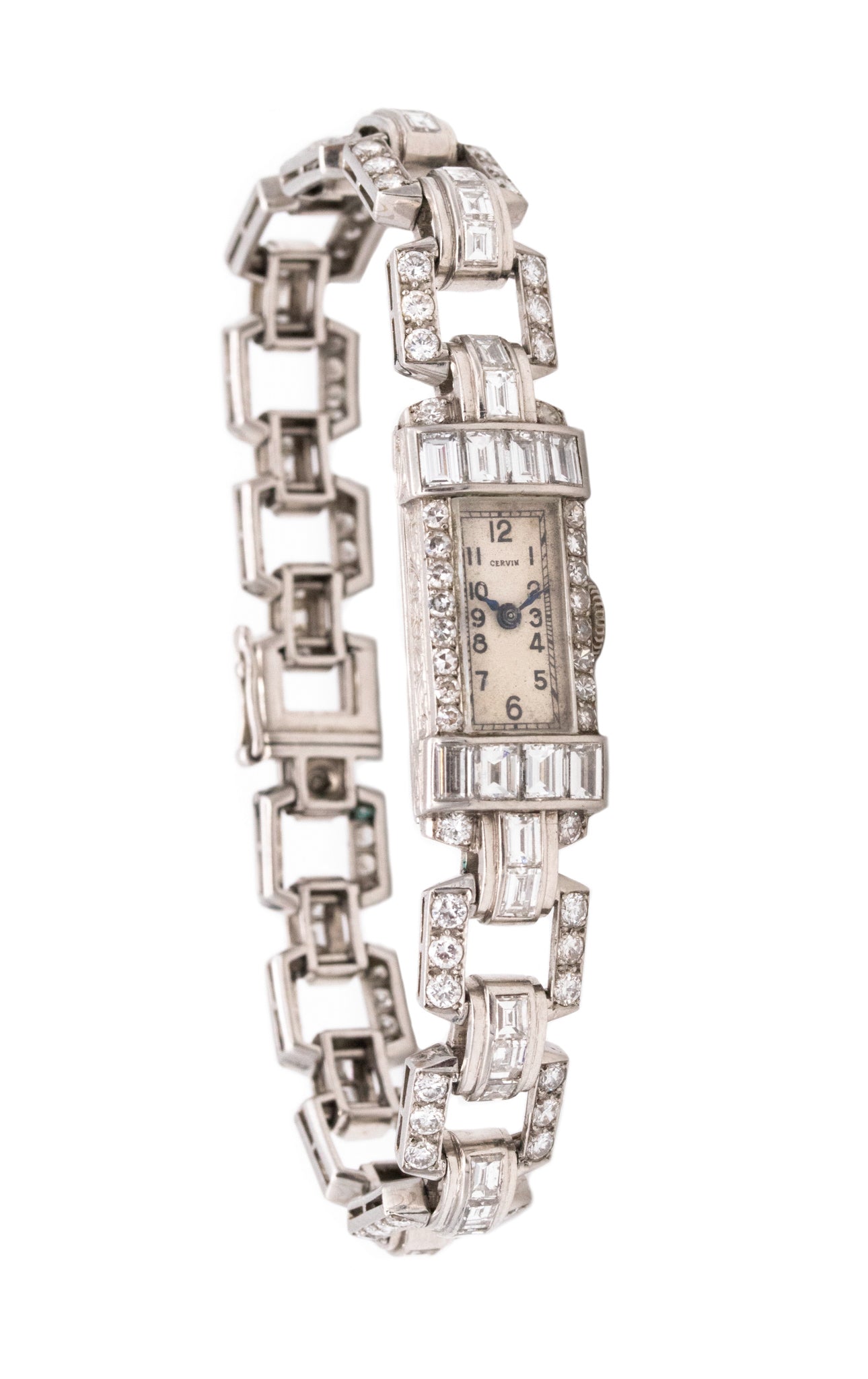 Art Deco 1930 Platinum Lady Wristwatch Bracelet With 6.75 Cts In VS Diamonds